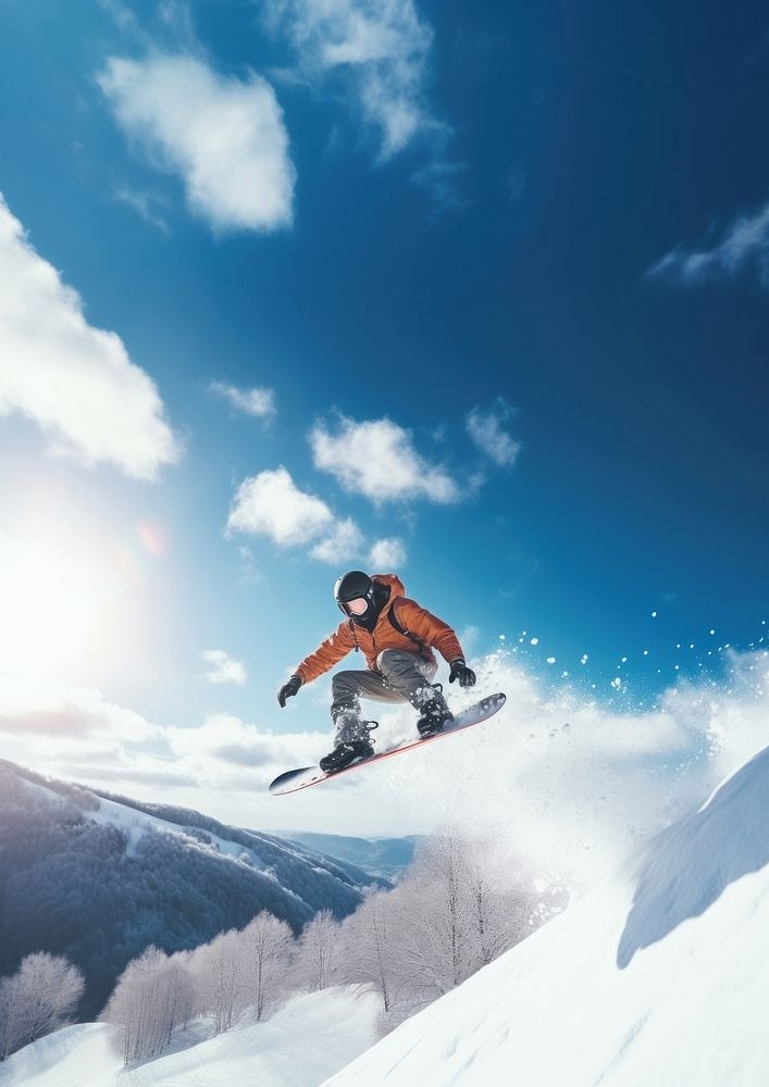 a photo of the man jumping with snowboard from the hill.  