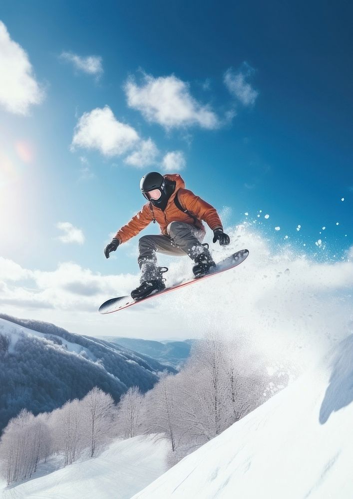 a photo of the man jumping with snowboard from the hill. AI generated Image by rawpixel. 