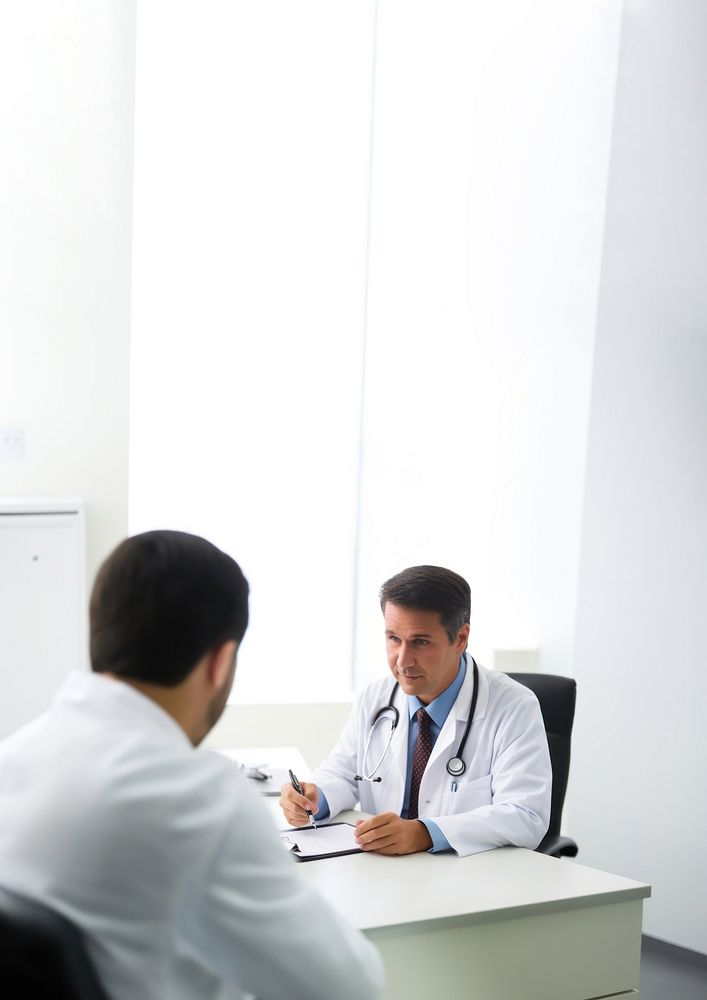 Photo of doctor is talking with patient and making notes while sitting in hospital. AI generated Image by rawpixel. 