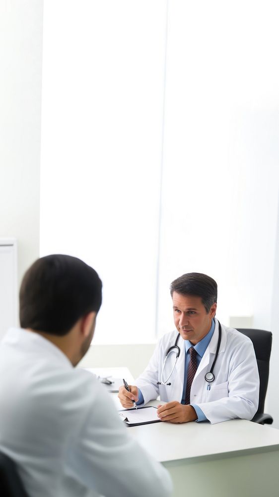 Photo of doctor is talking with patient and making notes while sitting in hospital.  