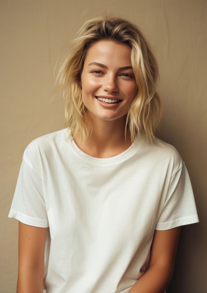 T-shirt portrait blonde smile. AI generated Image by rawpixel.