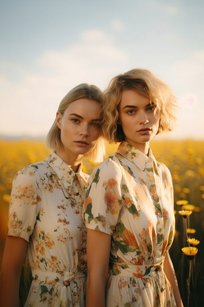 Two women portrait nature flower. 