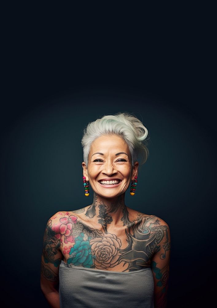 Portrait laughing tattoo smile. AI generated Image by rawpixel.