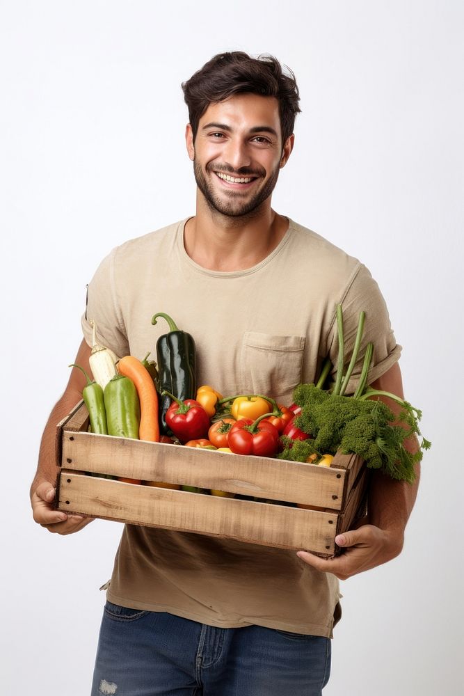 Man holding vegetable wodden box basket adult plant. AI generated Image by rawpixel.