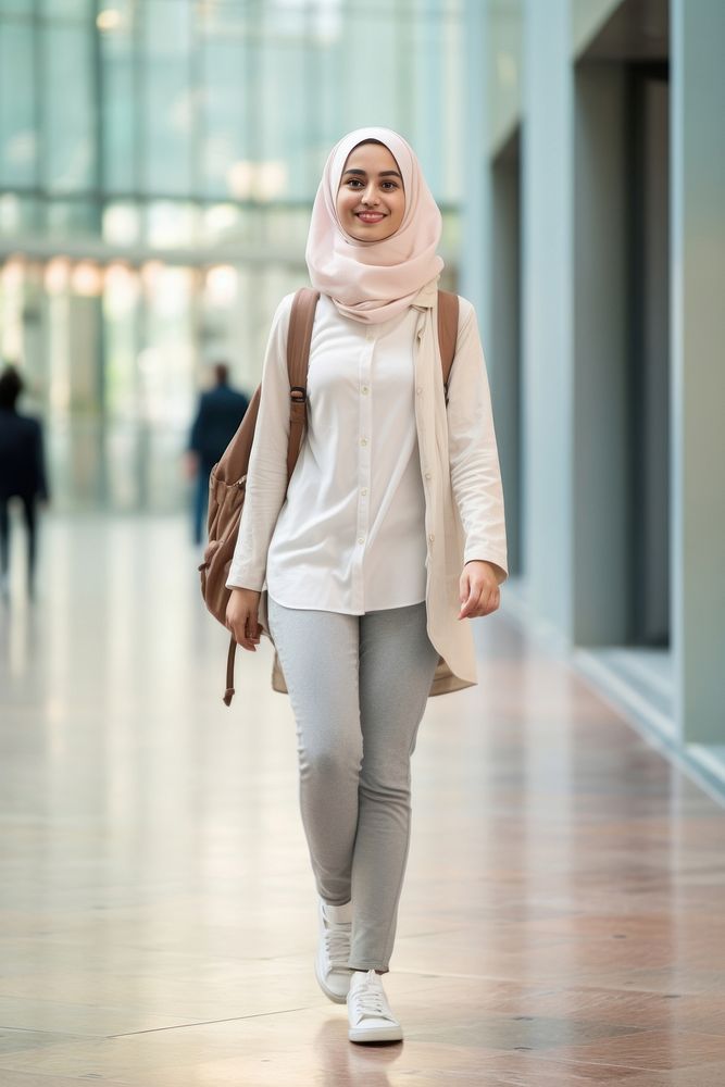 Muslim student walking standing smiling scarf. AI generated Image by rawpixel.