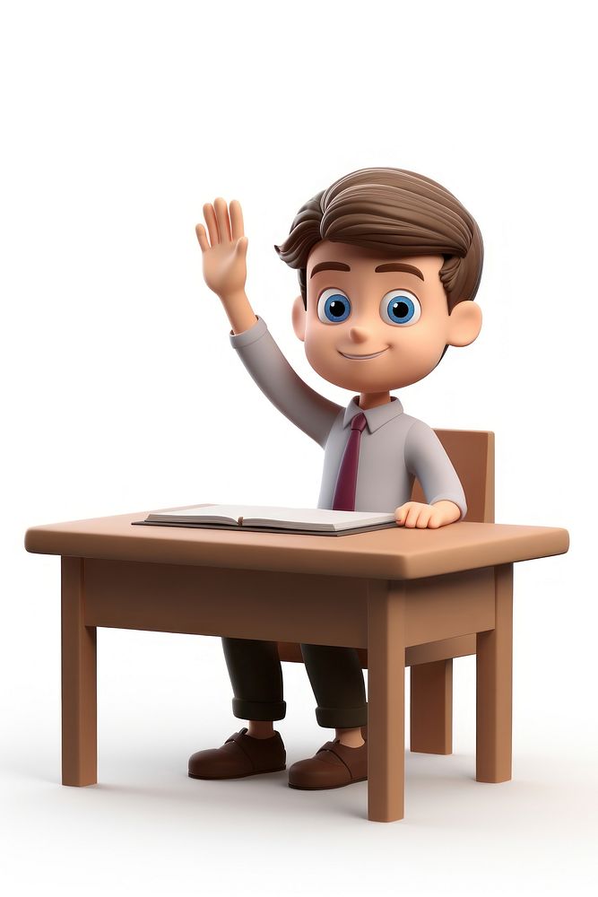 School kid raising hand desk sitting cartoon. AI generated Image by rawpixel.