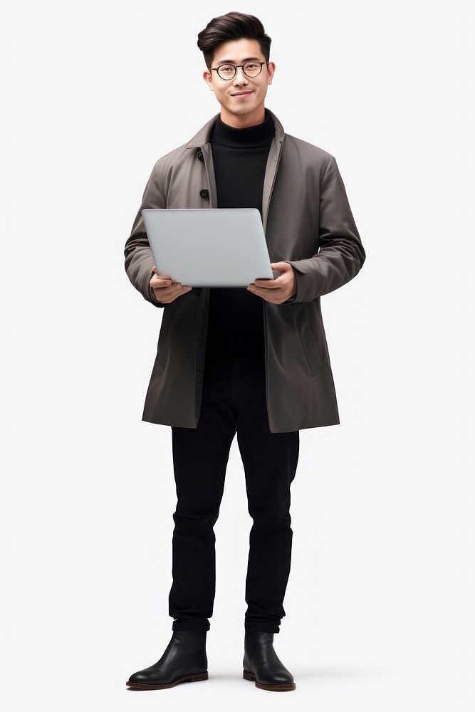 Asian man holding laptop computer overcoat standing. AI generated Image by rawpixel.