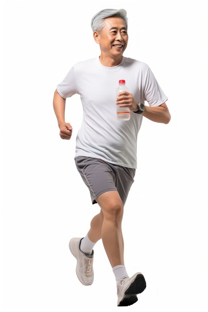 Senior asian male running jogging t-shirt shorts. AI generated Image by rawpixel.