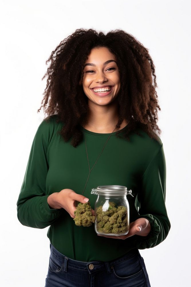Female holding marijuana jar adult white background. AI generated Image by rawpixel.