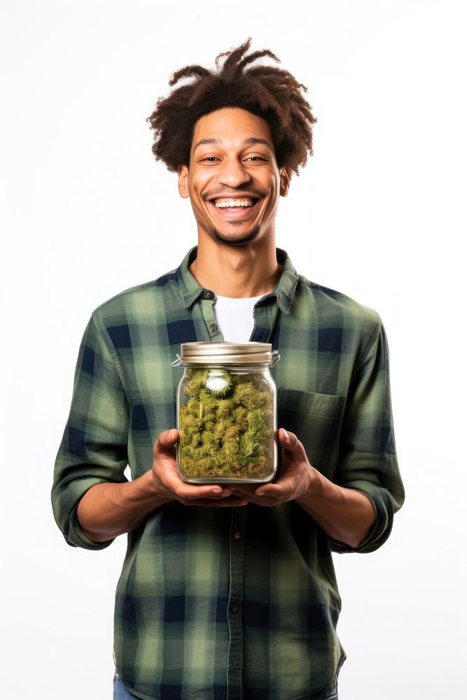Male holding marijuana jar adult white background. AI generated Image by rawpixel.