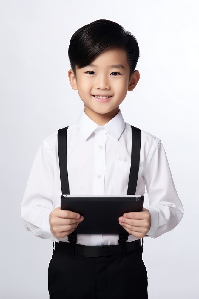 Boy holding tablet cute white background accessories. AI generated Image by rawpixel.