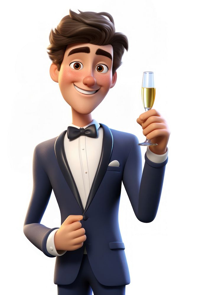 Champagne cartoon tuxedo white background. 