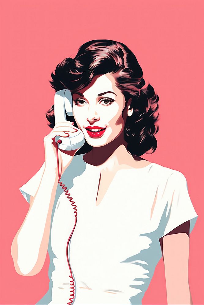 A lady holding a vintage phone adult white red. 