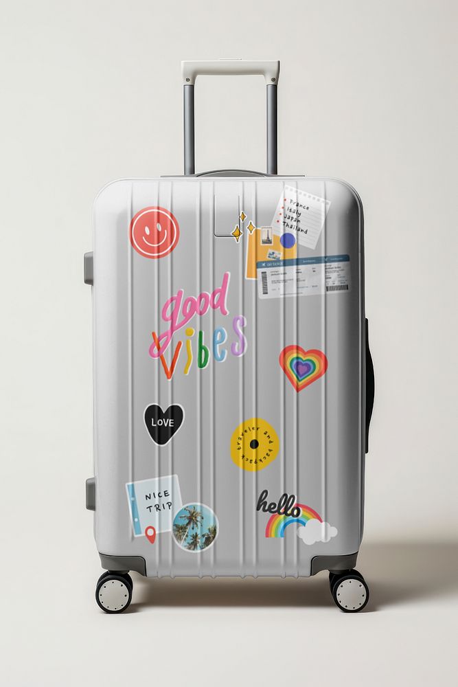 Stickers on white suitcase luggage, design resource