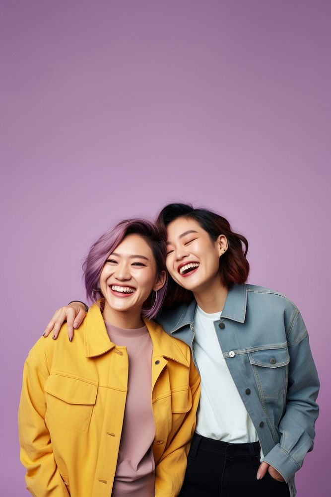 Asian lesbian couple laughing jacket smile. AI generated Image by rawpixel.