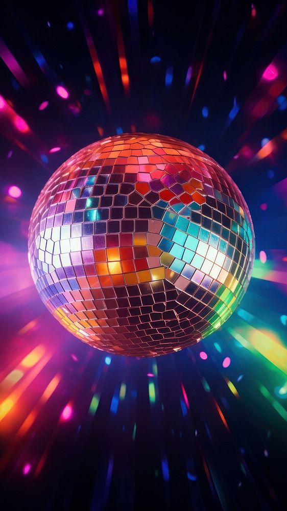 Colorful disco mirror ball nightclub sphere illuminated. 