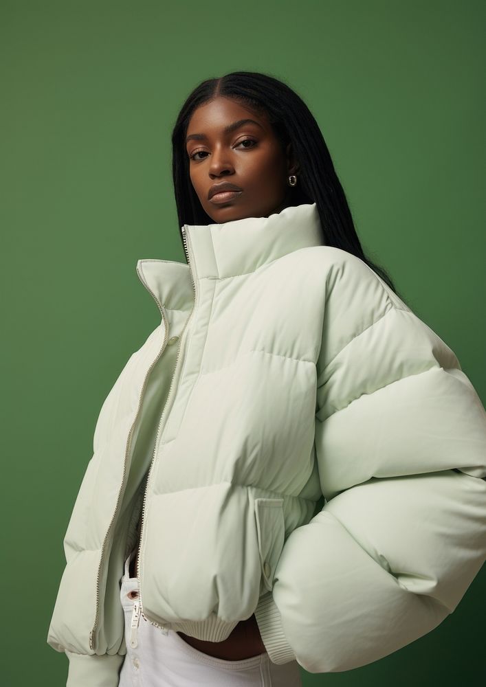 Black woman wearing a white puffer jacket portrait adult green. AI generated Image by rawpixel.
