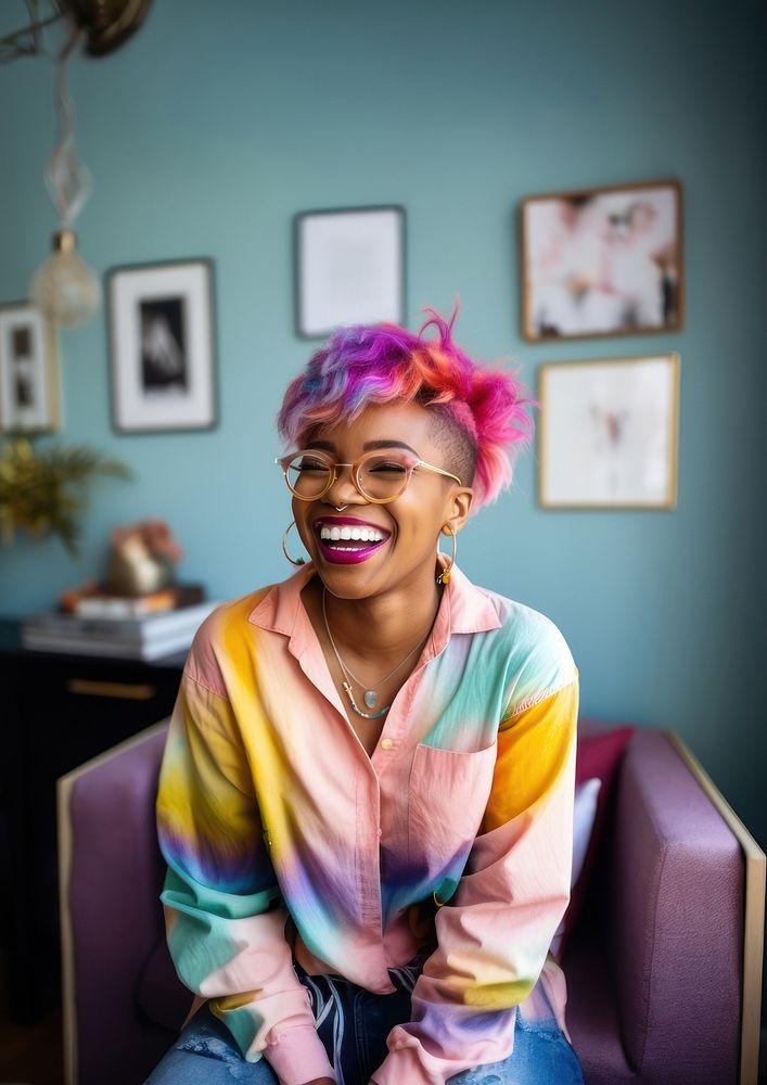 Black woman purple smile adult. AI generated Image by rawpixel.