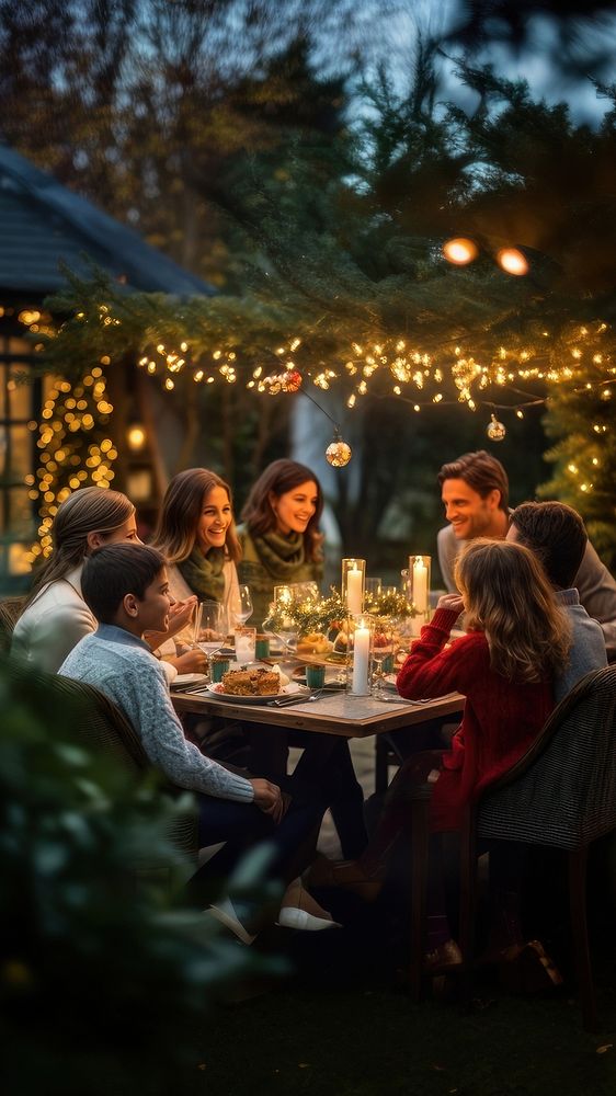 Family celebrating christmas restaurant outdoors nature. AI generated Image by rawpixel.