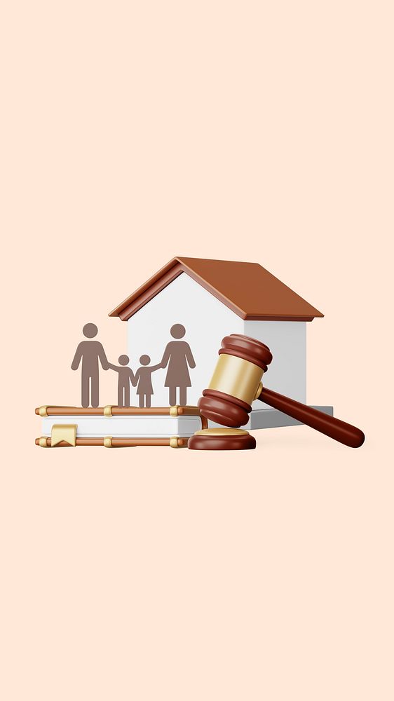 Family lawyer remix mobile wallpaper, 3D gavel and home illustration