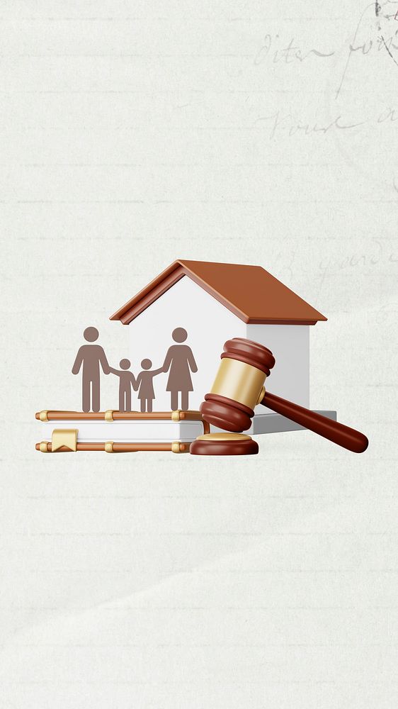 Family lawyer remix mobile wallpaper, 3D gavel and home illustration