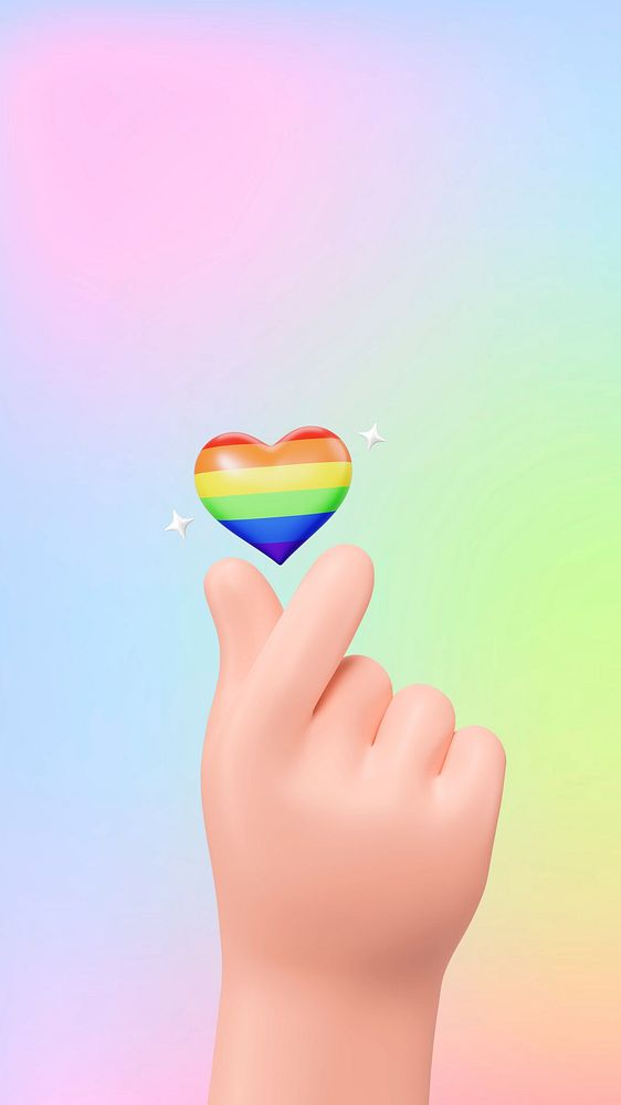 Pride month celebration iPhone wallpaper, 3D mini heart hand