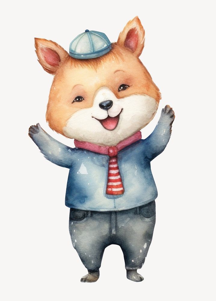 Student fox cartoon, watercolor illustration