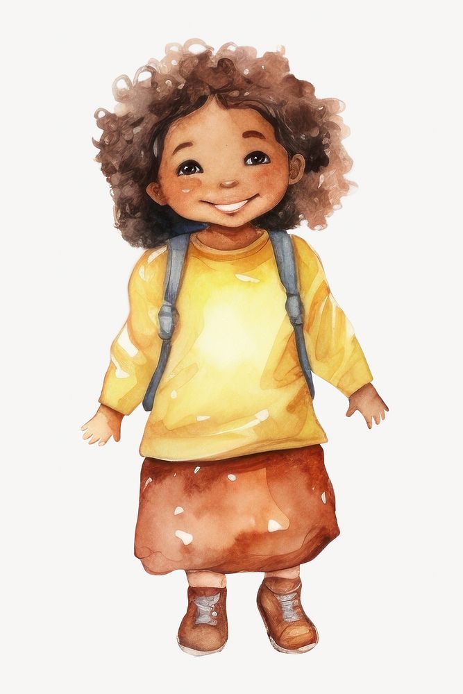 Little student girl, watercolor collage element psd