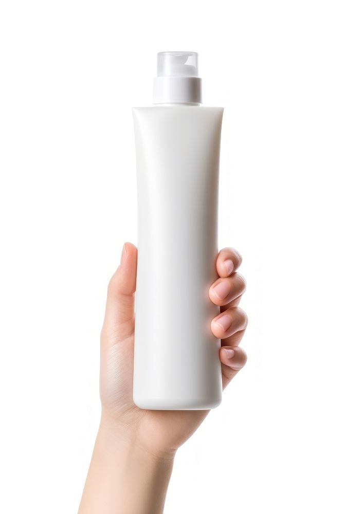 Bottle cosmetics hand white background. AI generated Image by rawpixel.