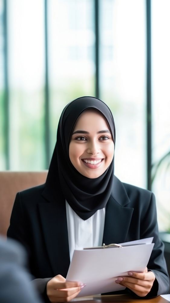 Muslim senior female lawyer architecture headscarf happiness. AI generated Image by rawpixel.