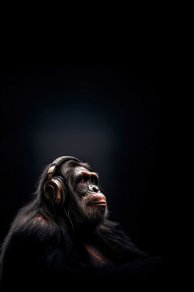 Chimpanzee headphones wildlife mammal. AI generated Image by rawpixel.