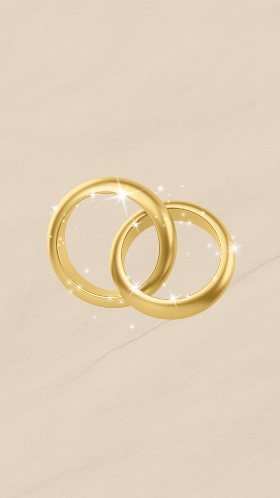 Gold wedding rings iPhone wallpaper, 3D sparkly jewelry illustration