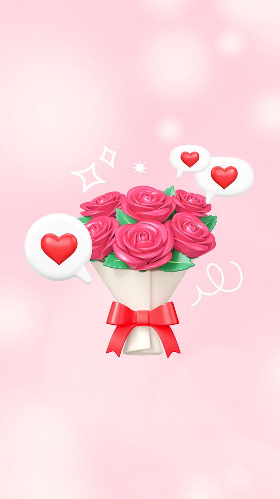 Pink rose bouquet iPhone wallpaper, 3D Valentine's celebration remix