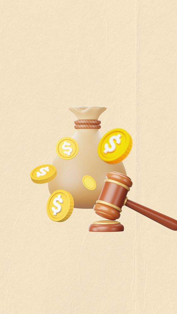 Financial law iPhone wallpaper, 3D gavel & money bag remix
