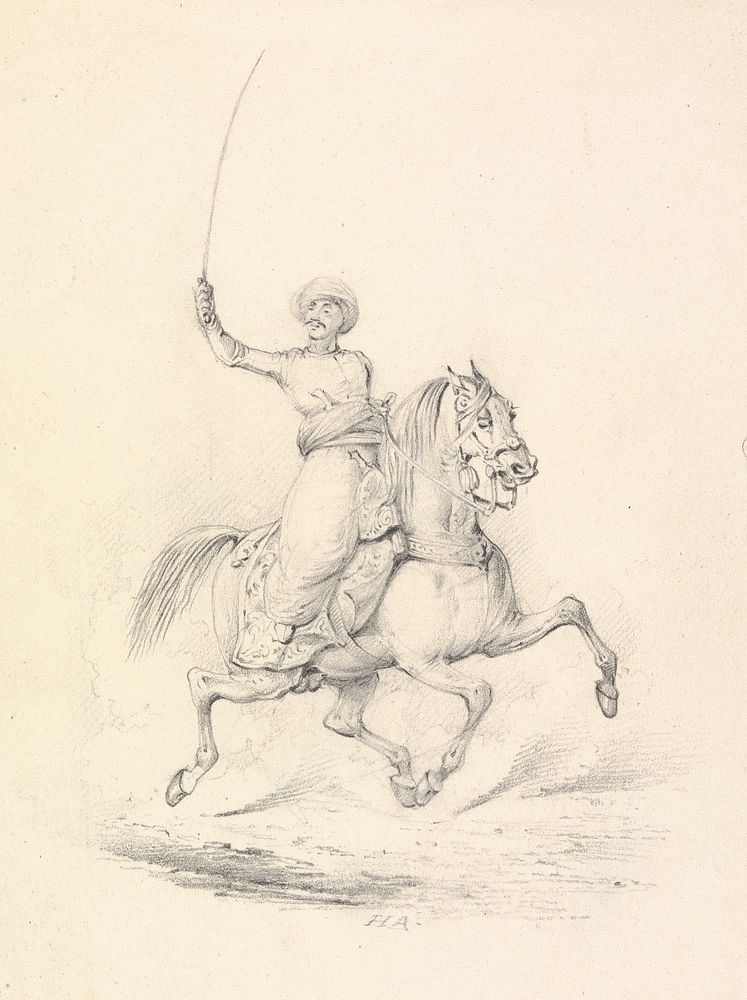 Turbaned Cavalryman, Right Arm with Curved Sword Upraised
