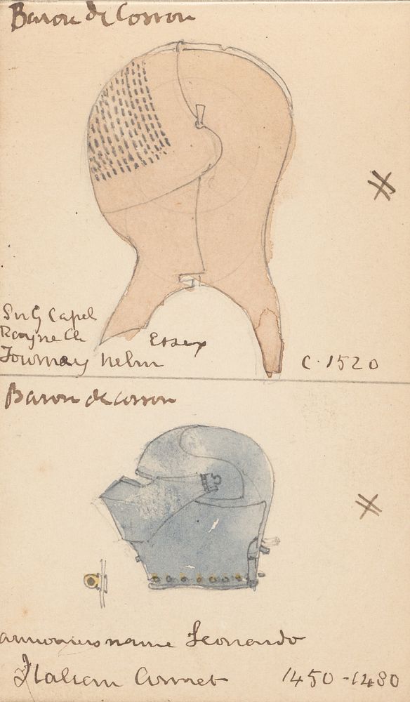 Memorandum Book Showing Colored Sketches Mostly of European Helmets