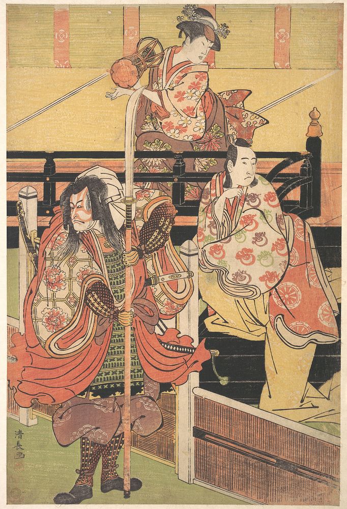 On a Balcony a Woman is Seated Playing a Tsuzumi, below a Man in Daimyo Costume is Seated upon a Black Lacquer Box