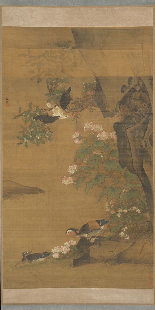 Mandarin ducks and cotton rose hibiscus by L&uuml; Ji