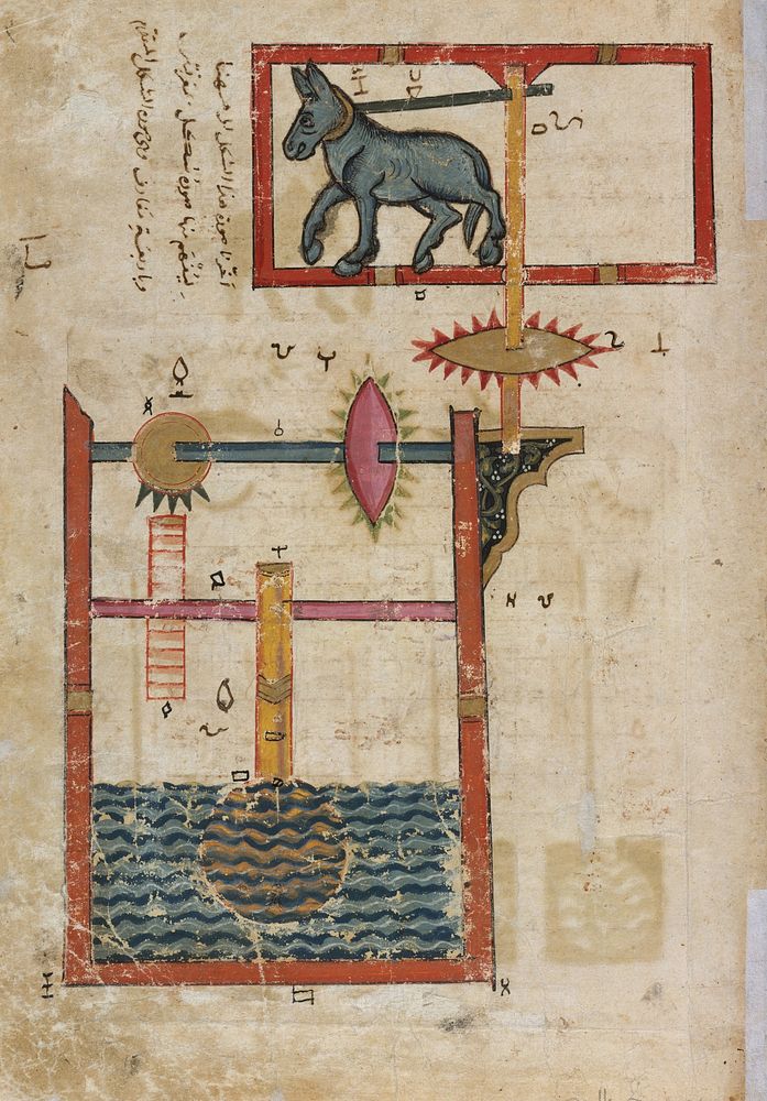"Design on Each Side for Waterwheel Worked by Donkey Power", Folio from a Book of the Knowledge of Ingenious Mechanical…