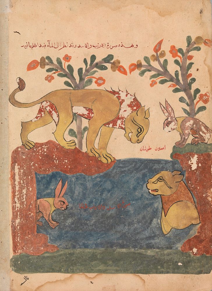 "The Hare, the Lion, and the Well", Folio from a Kalila wa Dimna, second quarter 16th century