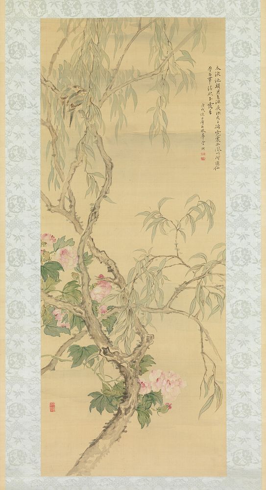 Small Birds on a Willow Branch and Hibiscus Blossoms by Tsubaki Chinzan