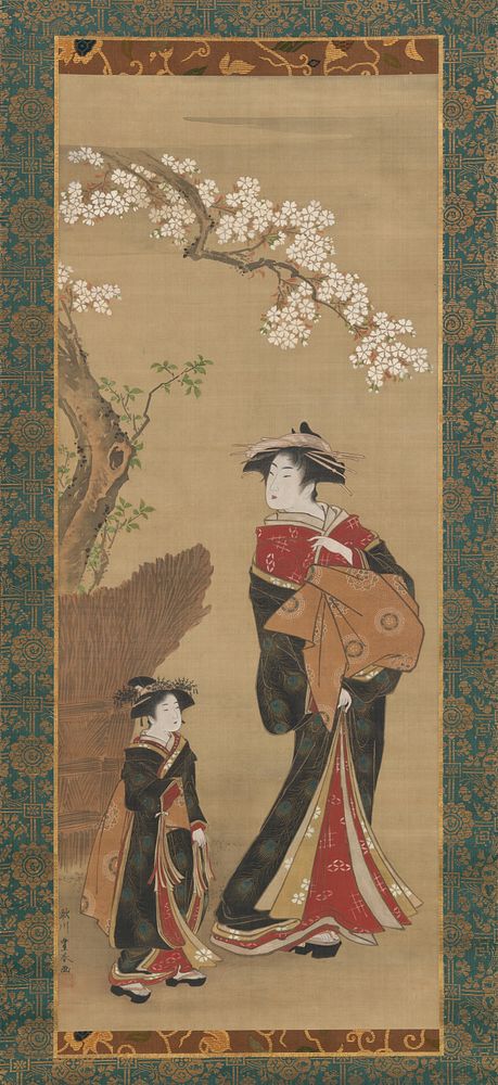 Courtesan and her Attendant under a Cherry Tree  by Utagawa Toyoharu
