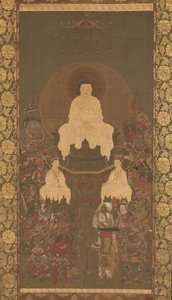 Shaka (Shakyamuni), the Historical Buddha, with Two Attendant Bodhisattvas and Sixteen Benevolent Deities, unidentified…