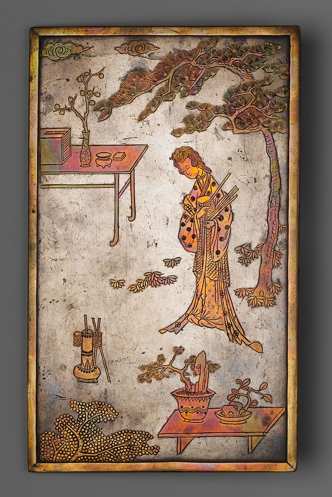 Table screen with woman playing touhu