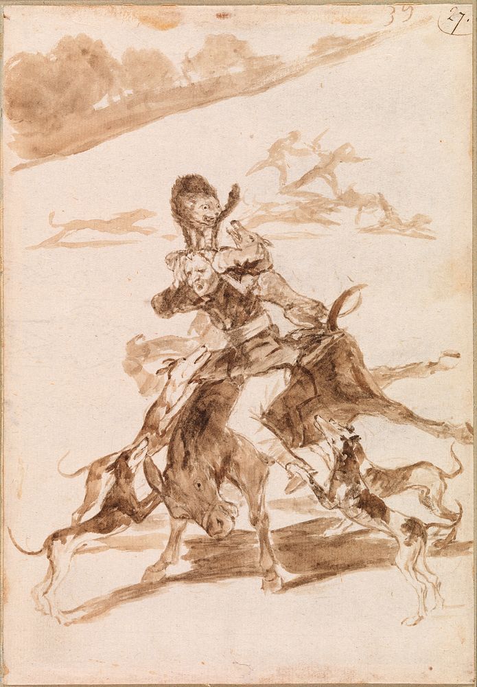Dogs Chasing a Cat on a Man on a Donkey by Francisco de Goya