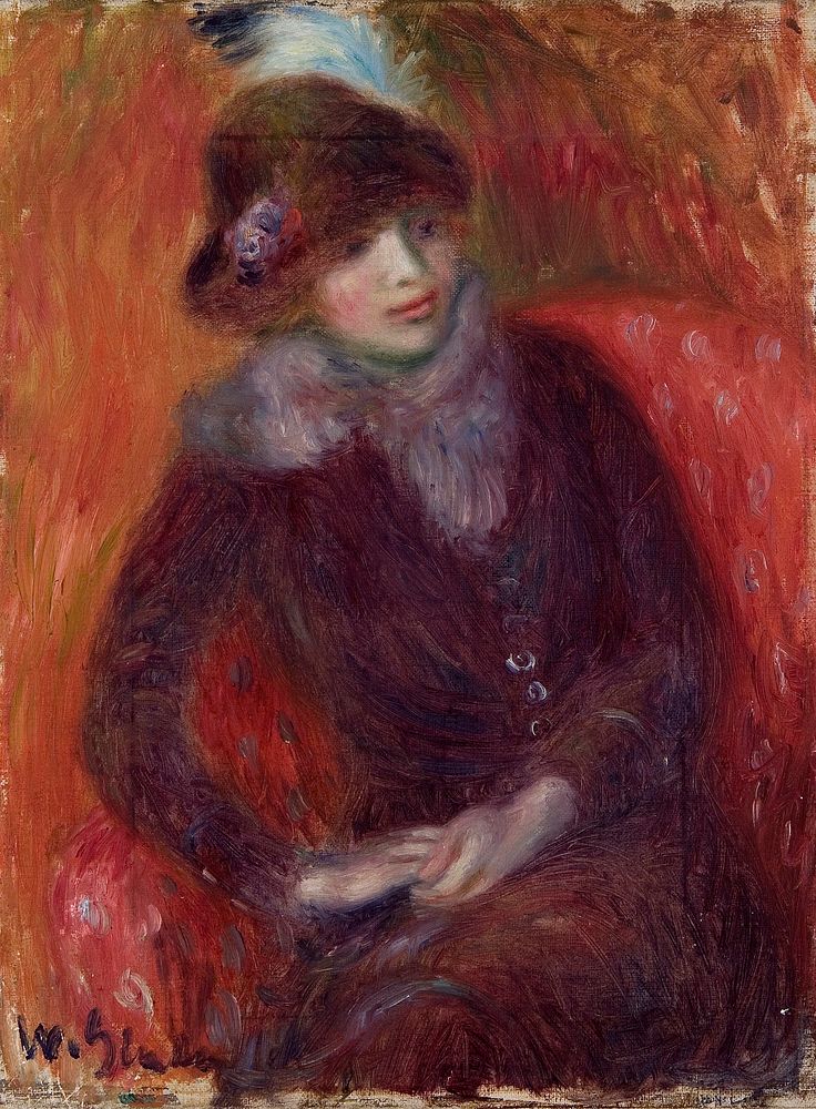 Seated Woman with Fur Neckpiece and Red Background by William James Glackens