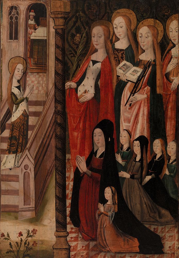 Mary Going to the Temple, Four Female Saints, and a Female Donor and her Daughters by Unidentified artist