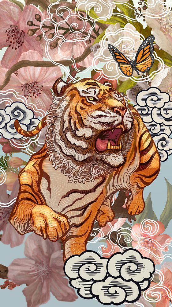 Japanese roaring tiger phone wallpaper, vintage animal illustration