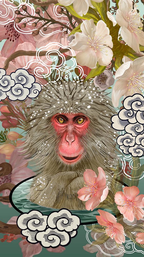 Japanese macaques onsen mobile wallpaper, vintage animal illustration