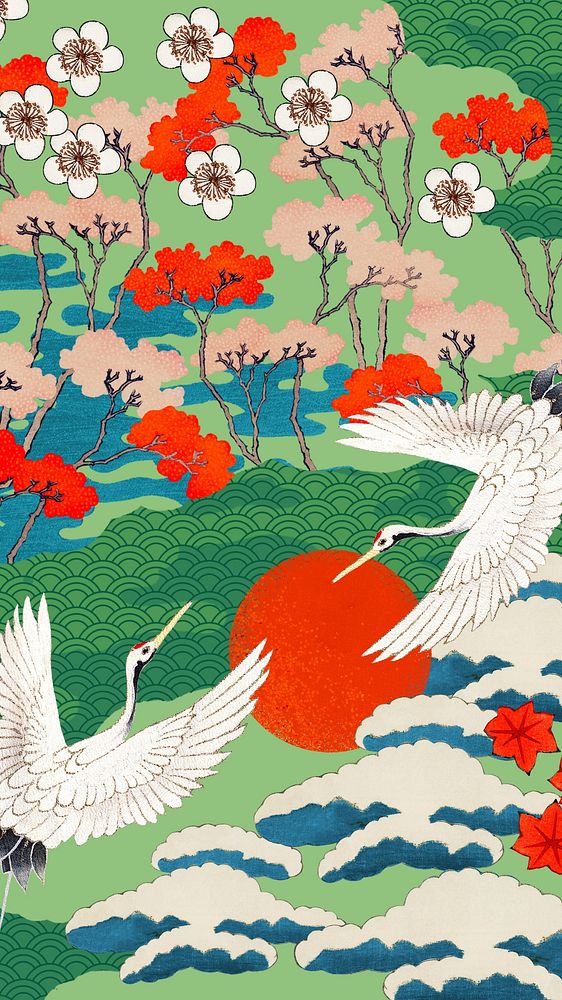 Vintage Japanese crane-patterned phone wallpaper, traditional illustration remixed from the artwork of Watanabe Seitei